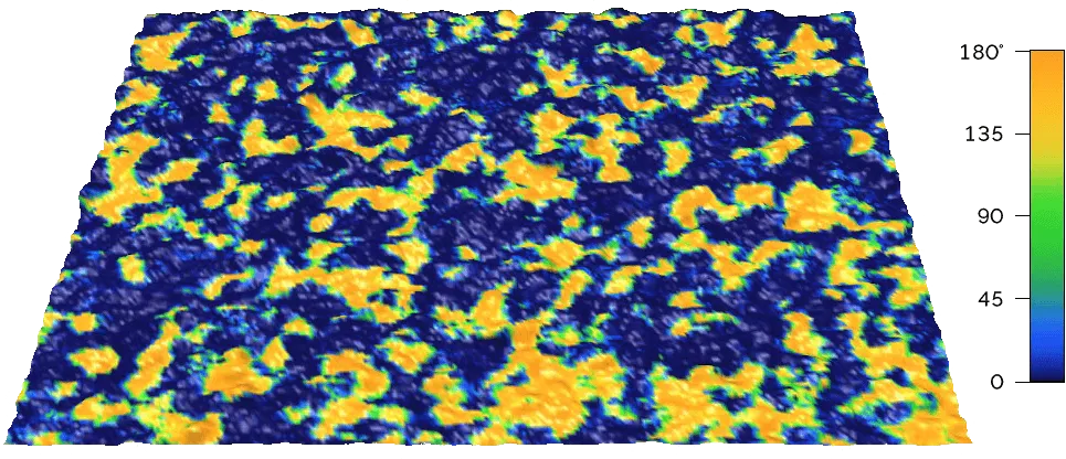 This DART PFM phase image shows differently poled ferroelectric domains in a silicon-doped hafnium oxide thin film across a 3 μm scan size.